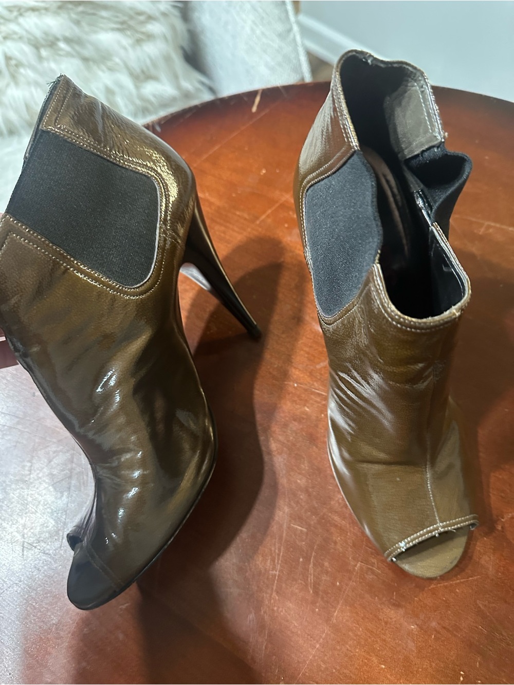 Michael Kors Brown Patent Leather Peep-Toe Stiletto Ankle Boots